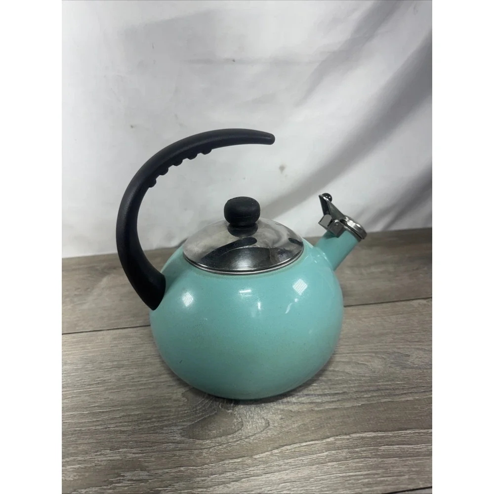 Farberware Luna Whistling Tea Pot Kettle 2.5 qt Aqua Enamel on Steel